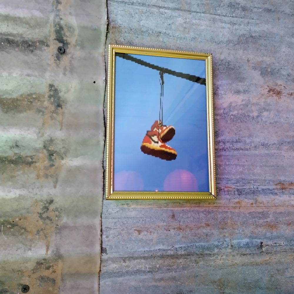 8 Bit Sneakers on Telephone Wire Framed Mini Art Print Lo-fi Pixel Art
